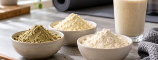 Tres cuencos de proteínas vegetales en polvo junto a un batido, una toalla y una esterilla de ejercicio