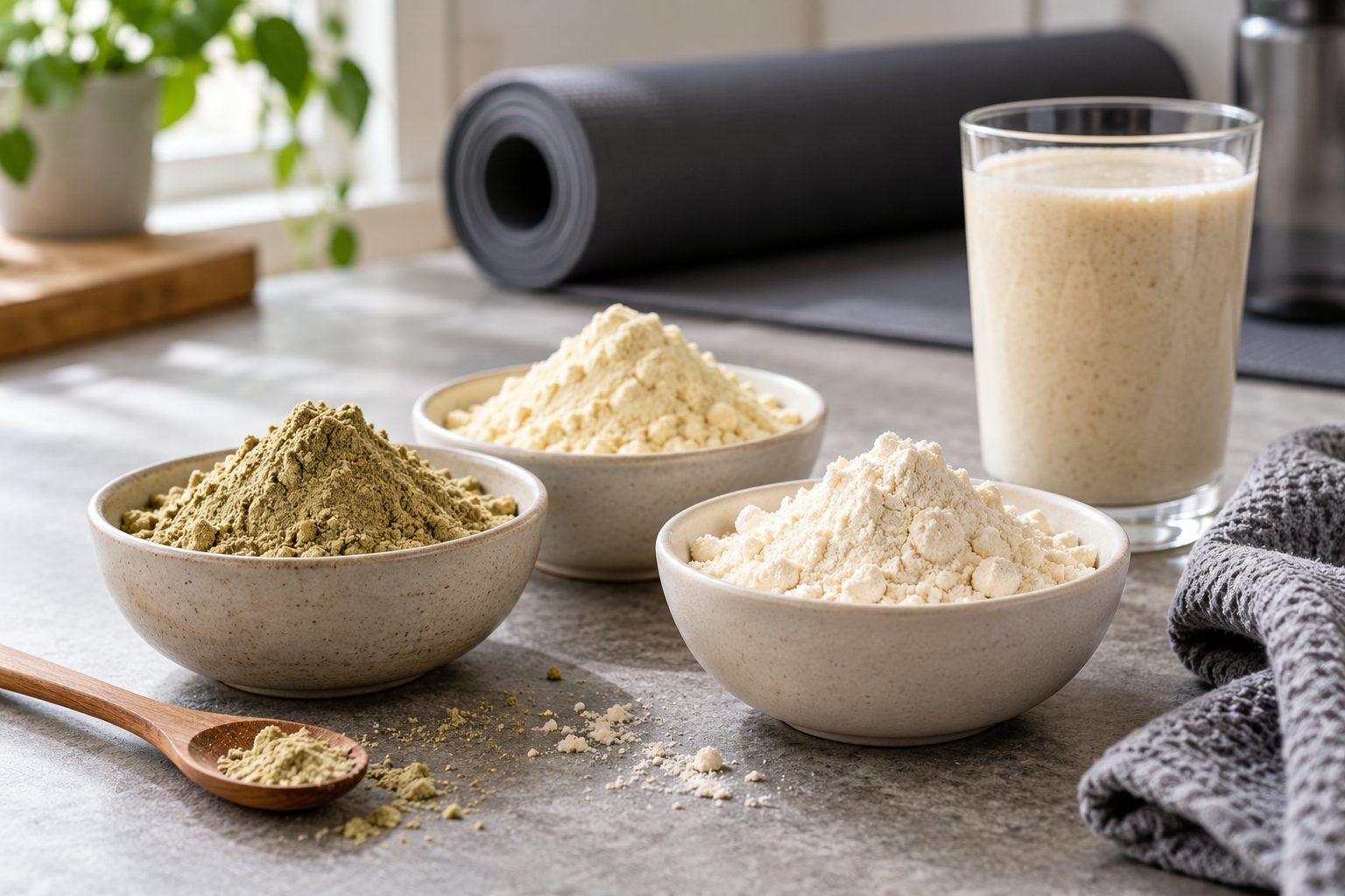 Tres cuencos de proteínas vegetales en polvo junto a un batido, una toalla y una esterilla de ejercicio