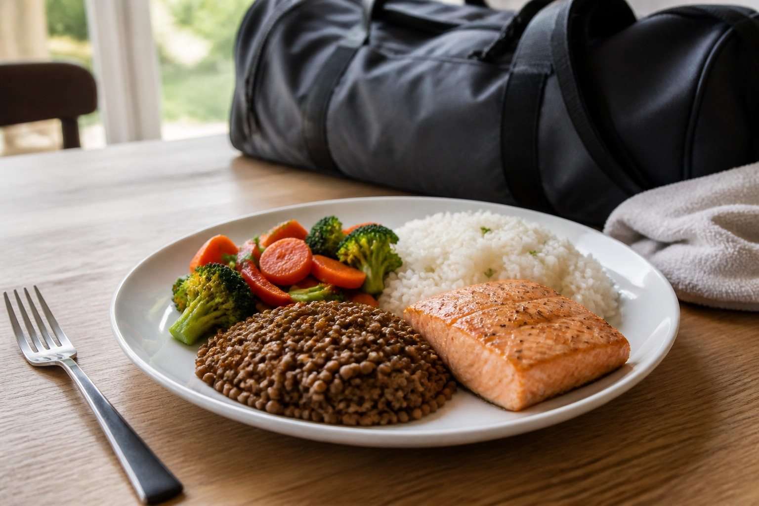 Plato de recuperación con salmón, arroz, lentejas y verduras