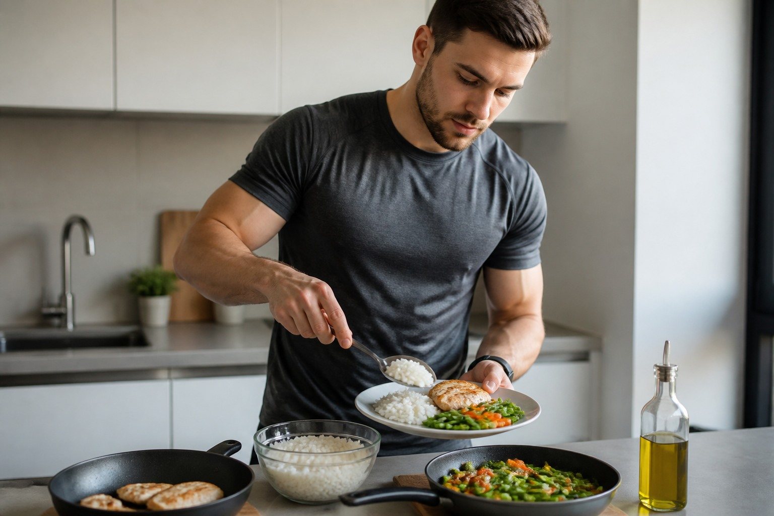 Hombre preparando una comida completa después de entrenar