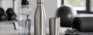 Botellas deportivas reutilizables de plástico y acero junto a una esterilla