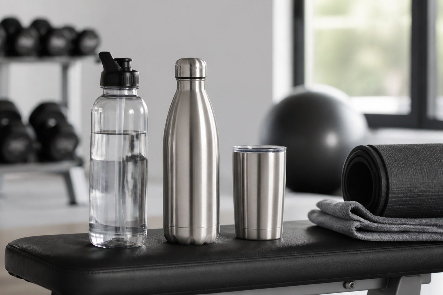 Botellas deportivas reutilizables de plástico y acero junto a una esterilla