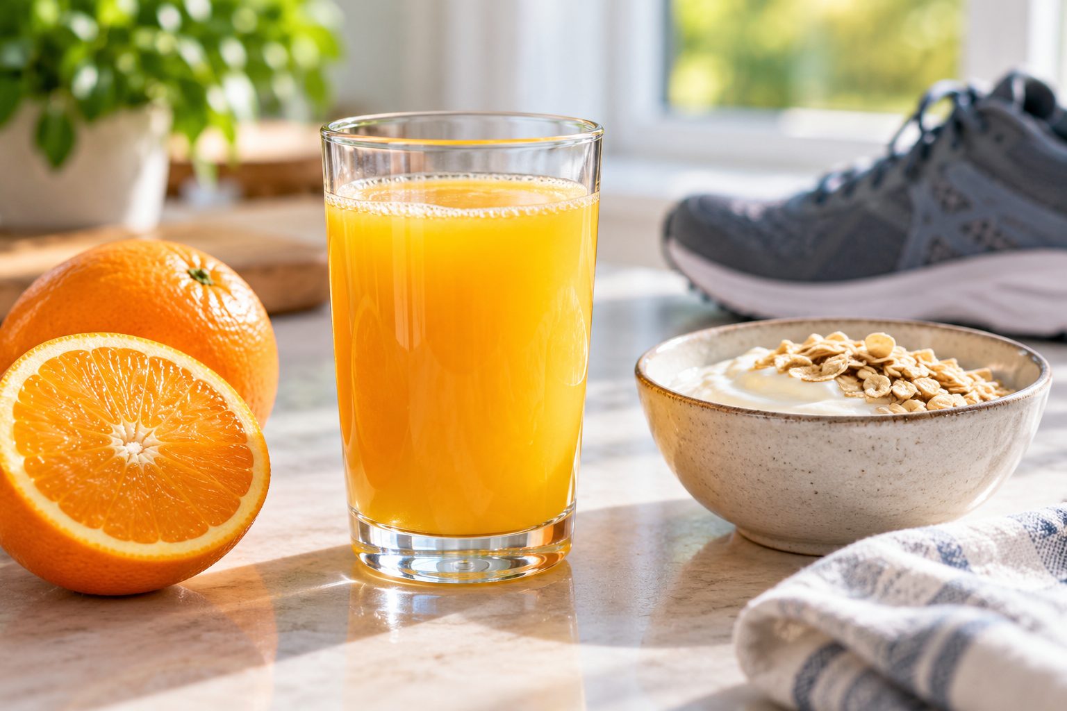 Zumo de naranja en un desayuno para una persona activa Vaso de zumo de naranja con naranjas, yogur con avena y una zapatilla deportiva al fondo